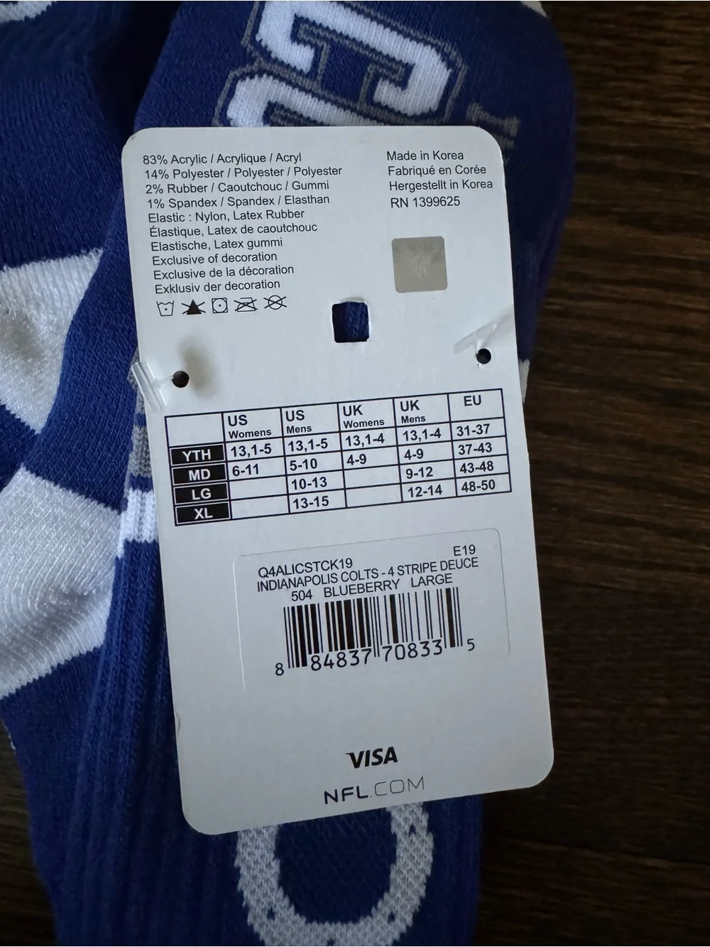 Indianapolis Colts NFL Crew Socks – Large – 2 Pairs